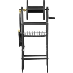 VEVOR Freestanding Garden Hose Reel, Holds 125 Feet of 5/8-inch Hose, Wall Mount or Ground Mount, Detachable Holder Stand with Storage Rack, 5 ft Leader Hose, Brass Fitting, 4 Spikes, for Backyards