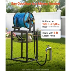 VEVOR Freestanding Garden Hose Reel, Holds 125 Feet of 5/8-inch Hose, Wall Mount or Ground Mount, Detachable Holder Stand with Storage Rack, 5 ft Leader Hose, Brass Fitting, 4 Spikes, for Backyards