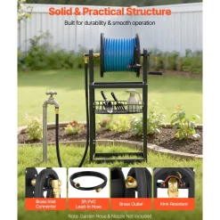 VEVOR Freestanding Garden Hose Reel, Holds 125 Feet of 5/8-inch Hose, Wall Mount or Ground Mount, Detachable Holder Stand with Storage Rack, 5 ft Leader Hose, Brass Fitting, 4 Spikes, for Backyards