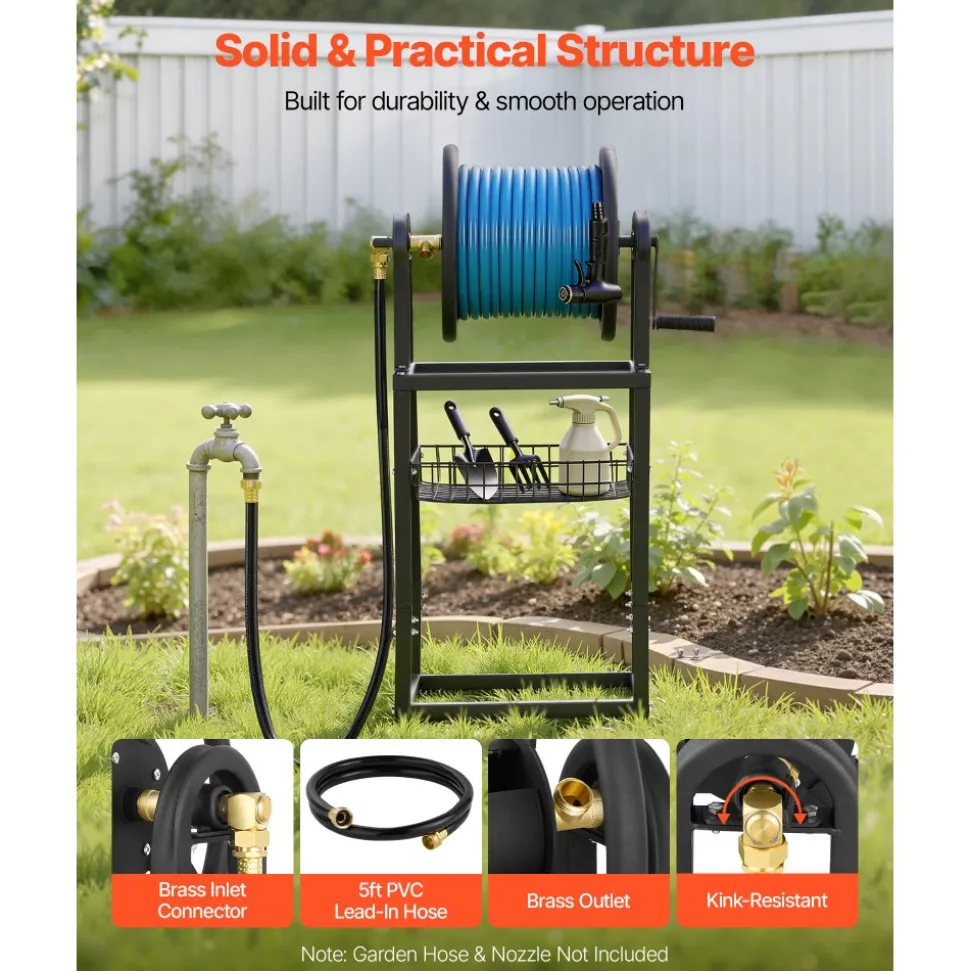 VEVOR Freestanding Garden Hose Reel, Holds 125 Feet of 5/8-inch Hose, Wall Mount or Ground Mount, Detachable Holder Stand with Storage Rack, 5 ft Leader Hose, Brass Fitting, 4 Spikes, for Backyards