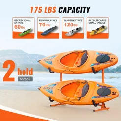 VEVOR Freestanding Kayak Storage Rack, Kayak Stand for 2 Kayak Canoe Paddleboard, Heavy-duty Steel Kayak Hanger Holder with Padded Arms and Adjustable Width, 175LBS Max Load, for Indoor Outdoor Garage