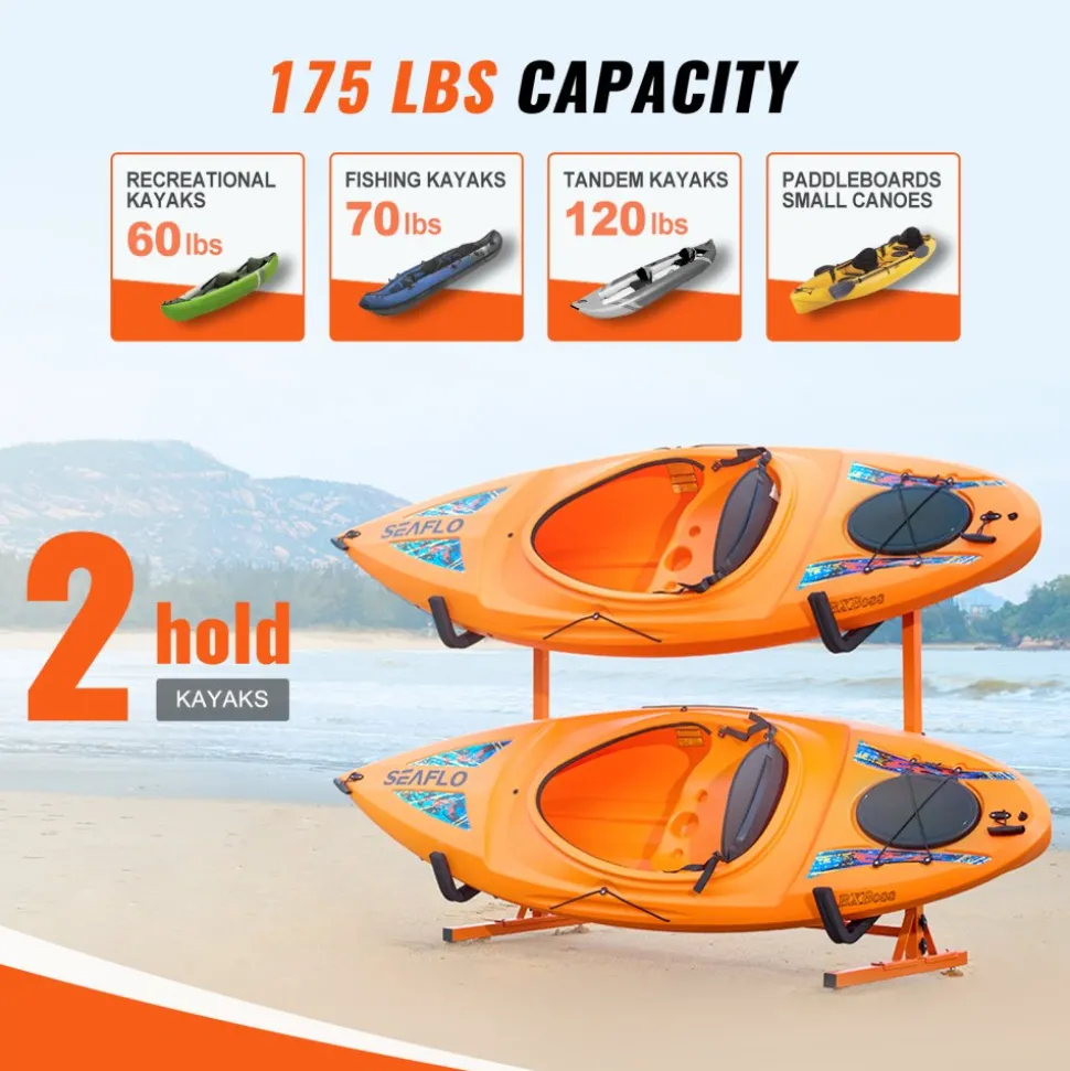 VEVOR Freestanding Kayak Storage Rack, Kayak Stand for 2 Kayak Canoe Paddleboard, Heavy-duty Steel Kayak Hanger Holder with Padded Arms and Adjustable Width, 175LBS Max Load, for Indoor Outdoor Garage