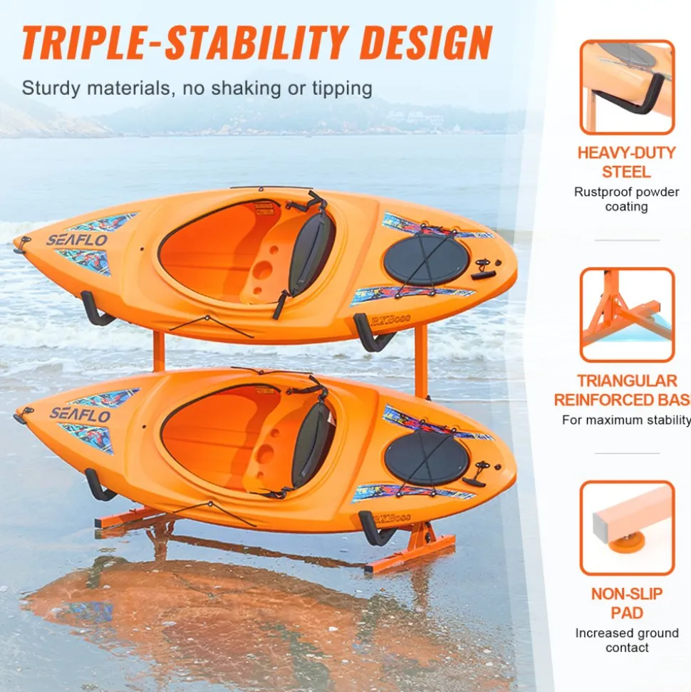 VEVOR Freestanding Kayak Storage Rack, Kayak Stand for 2 Kayak Canoe Paddleboard, Heavy-duty Steel Kayak Hanger Holder with Padded Arms and Adjustable Width, 175LBS Max Load, for Indoor Outdoor Garage