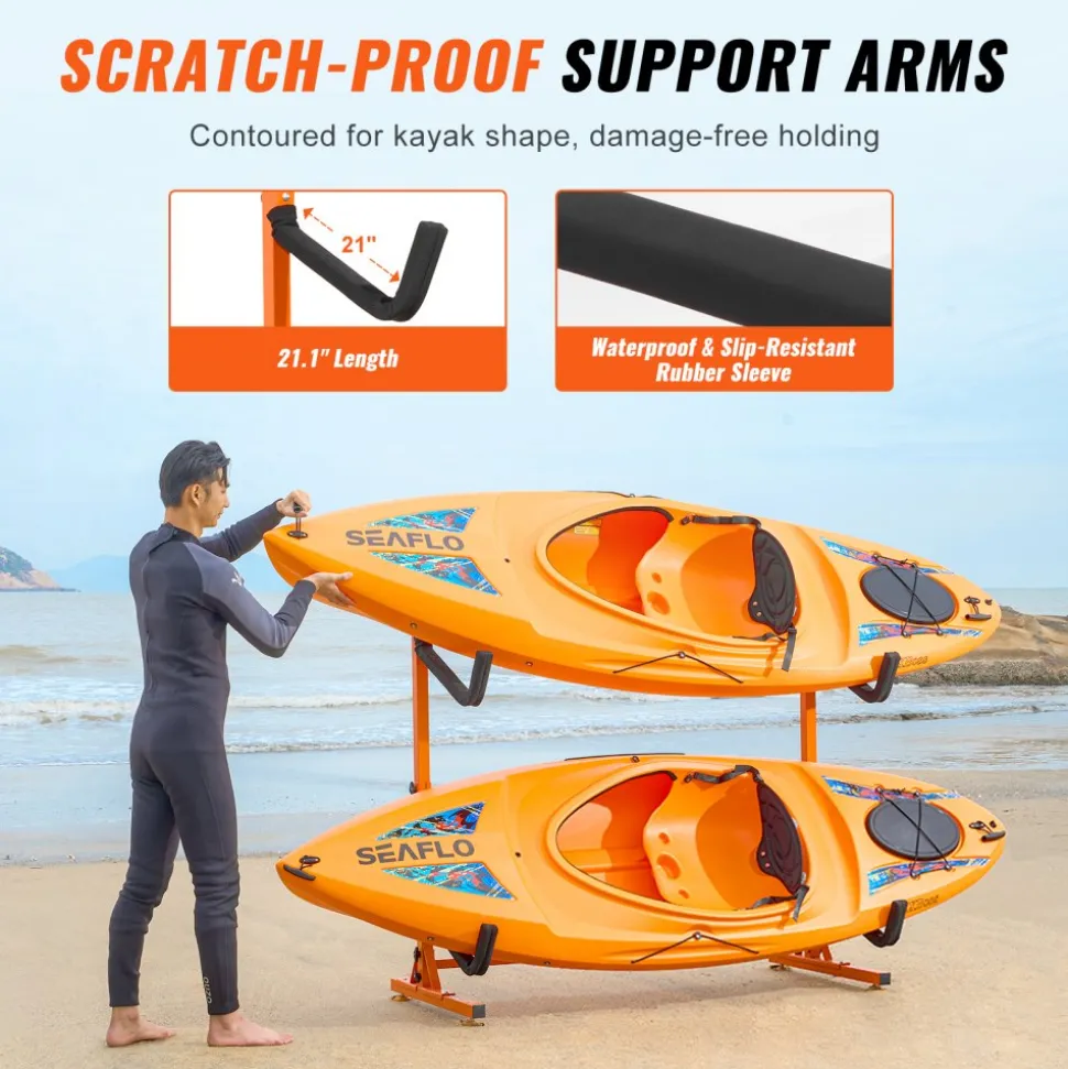 VEVOR Freestanding Kayak Storage Rack, Kayak Stand for 2 Kayak Canoe Paddleboard, Heavy-duty Steel Kayak Hanger Holder with Padded Arms and Adjustable Width, 175LBS Max Load, for Indoor Outdoor Garage
