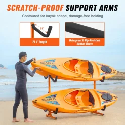 VEVOR Freestanding Kayak Storage Rack, Kayak Stand for 4 Kayak Canoe Paddleboard, Heavy-duty Steel Kayak Hanger Holder with Padded Arms and Adjustable Width, 220LBS Max Load, for Indoor Outdoor Garage