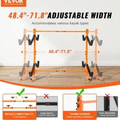 VEVOR Freestanding Kayak Storage Rack, Kayak Stand for 4 Kayak Canoe Paddleboard, Heavy-duty Steel Kayak Hanger Holder with Padded Arms and Adjustable Width, 220LBS Max Load, for Indoor Outdoor Garage