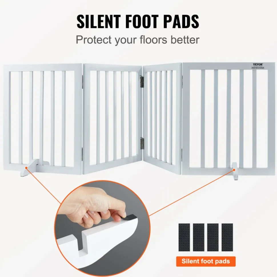VEVOR Freestanding Pet Barrier, 24" Height x 80.3" Width, 4-Panel Folding Dog Gate for Various Openings, Expandable and Quiet Foot-Supported Indoor Dog Fence, White