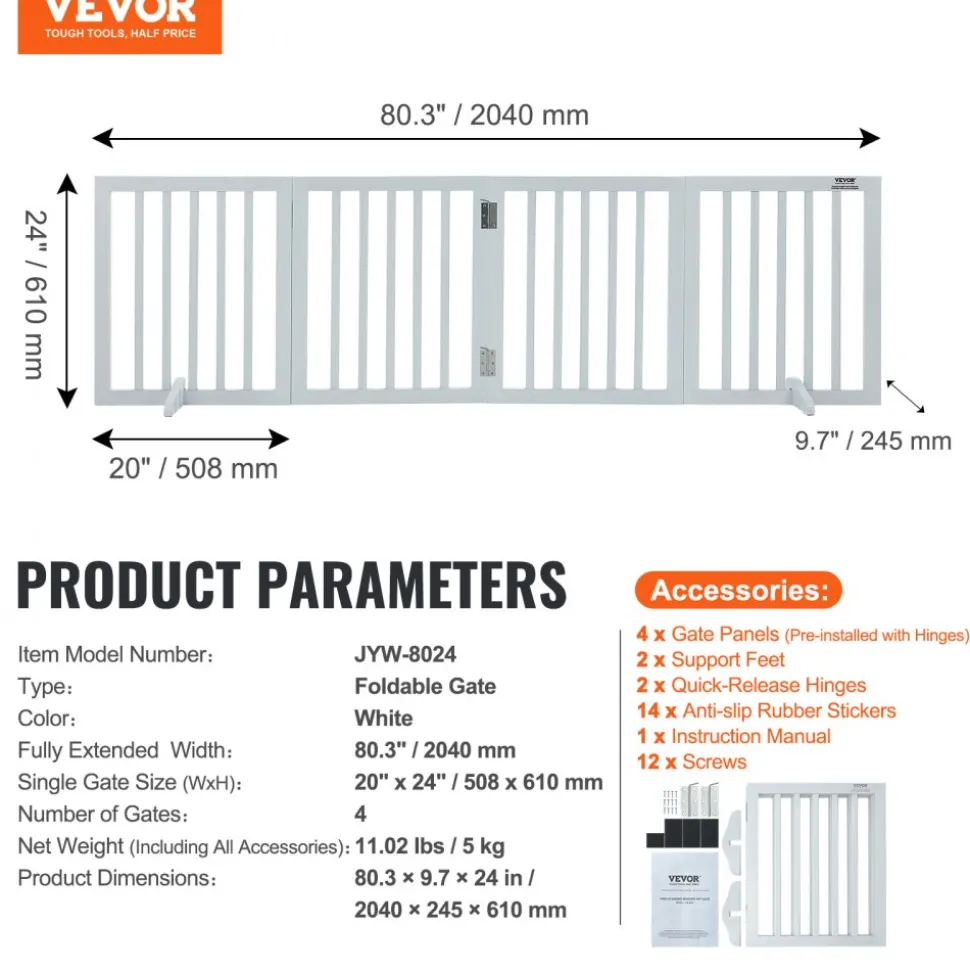 VEVOR Freestanding Pet Barrier, 24" Height x 80.3" Width, 4-Panel Folding Dog Gate for Various Openings, Expandable and Quiet Foot-Supported Indoor Dog Fence, White