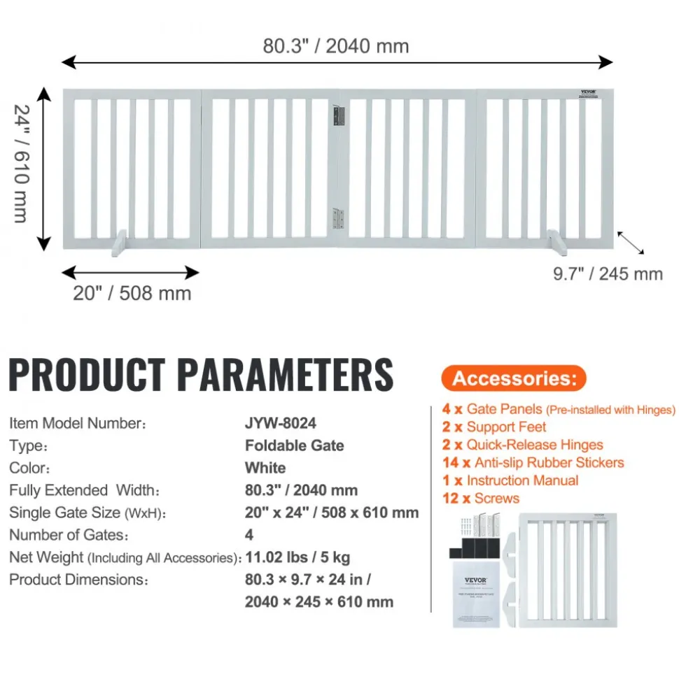VEVOR Freestanding Pet Barrier, 24" Height x 80.3" Width, 4-Panel Folding Dog Gate for Various Openings, Expandable and Quiet Foot-Supported Indoor Dog Fence, White