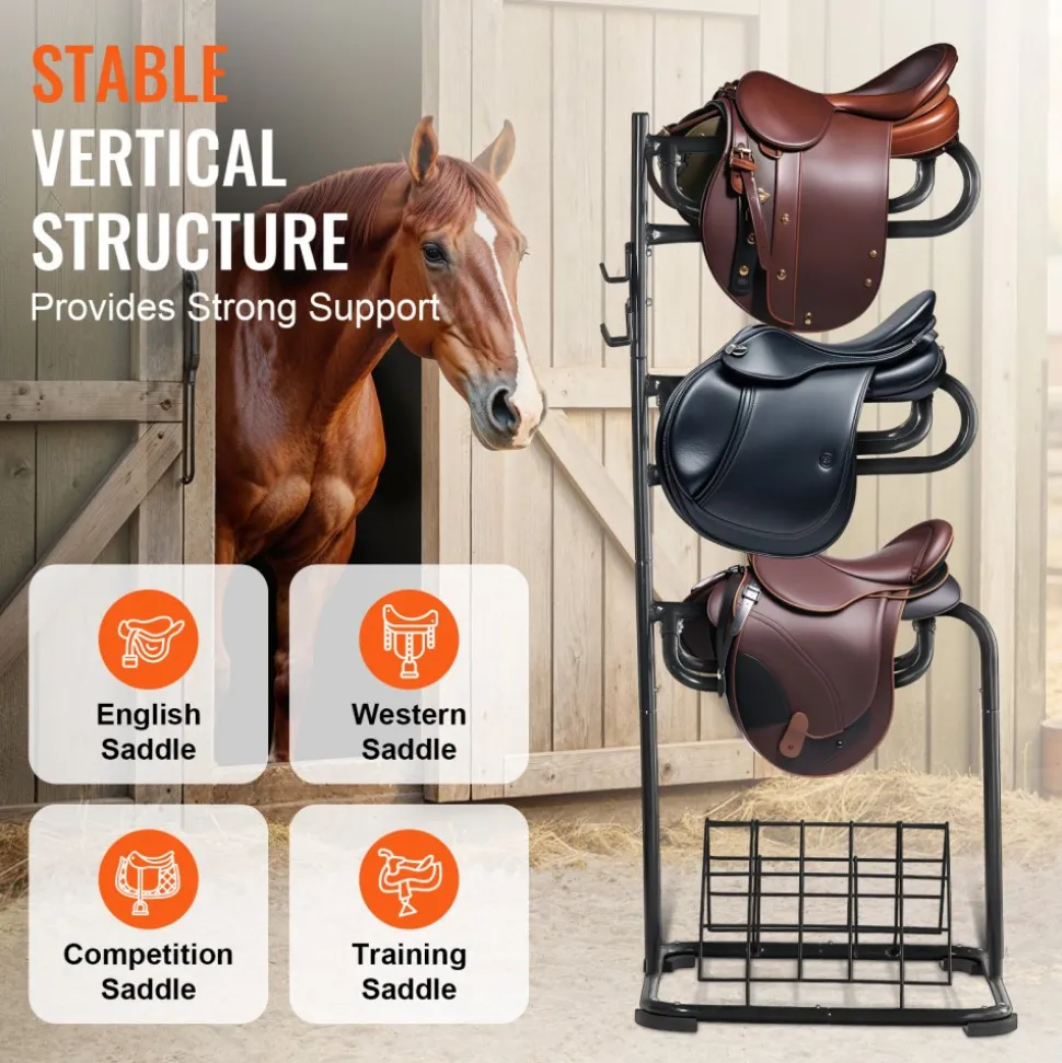 VEVOR Freestanding Saddle Stand, 30 x 30 x 68.5 in, 3 Tiers Saddle Rack, Heavy Duty Saddle Blanket Holder with Removable & Rotating Tiers, English & Western Saddle Rack for Tack Room Organization