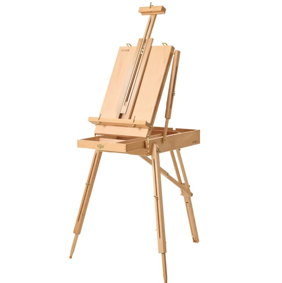 VEVOR French Easel with Legs Foldable and Portable Sketchbox Easel Stand, For Painting, Solid Beech Wood, Holds Canvas up to 33.86", Adjustable Height & Angle, with Drawer, Palette, Shoulder Strap