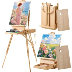 VEVOR French Easel with Legs Foldable and Portable Sketchbox Easel Stand, For Painting, Solid Beech Wood, Holds Canvas up to 33.86