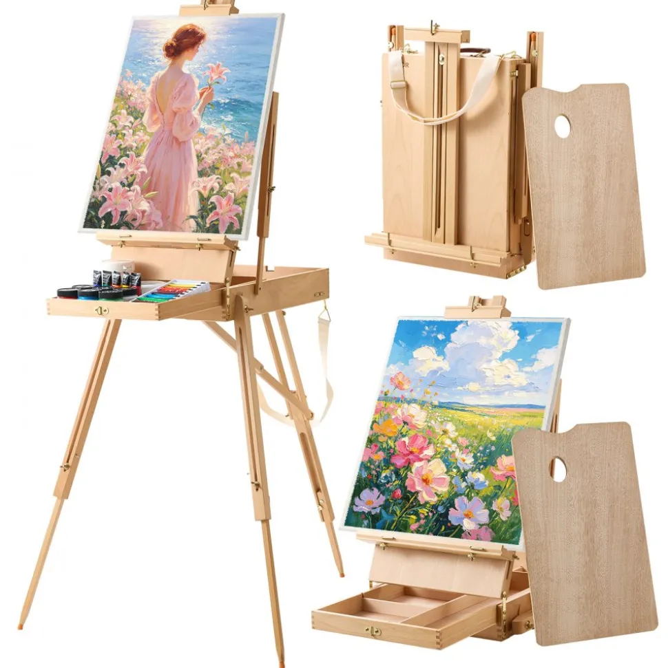VEVOR French Easel with Legs Foldable and Portable Sketchbox Easel Stand, For Painting, Solid Beech Wood, Holds Canvas up to 33.86", Adjustable Height & Angle, with Drawer, Palette, Shoulder Strap