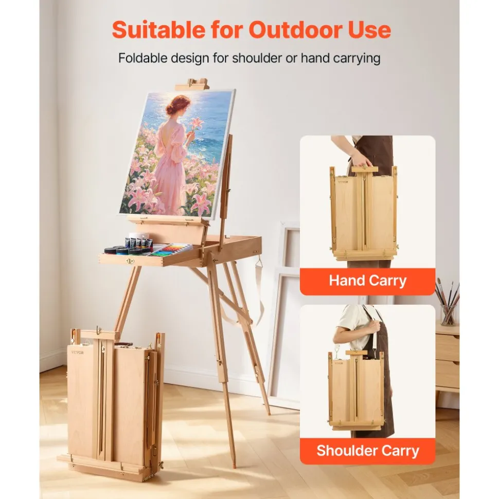 VEVOR French Easel with Legs Foldable and Portable Sketchbox Easel Stand, For Painting, Solid Beech Wood, Holds Canvas up to 33.86", Adjustable Height & Angle, with Drawer, Palette, Shoulder Strap