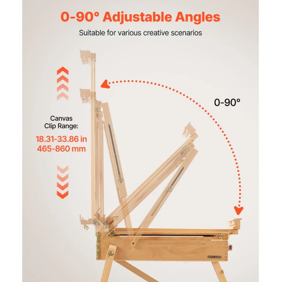 VEVOR French Easel with Legs Foldable and Portable Sketchbox Easel Stand, For Painting, Solid Beech Wood, Holds Canvas up to 33.86", Adjustable Height & Angle, with Drawer, Palette, Shoulder Strap