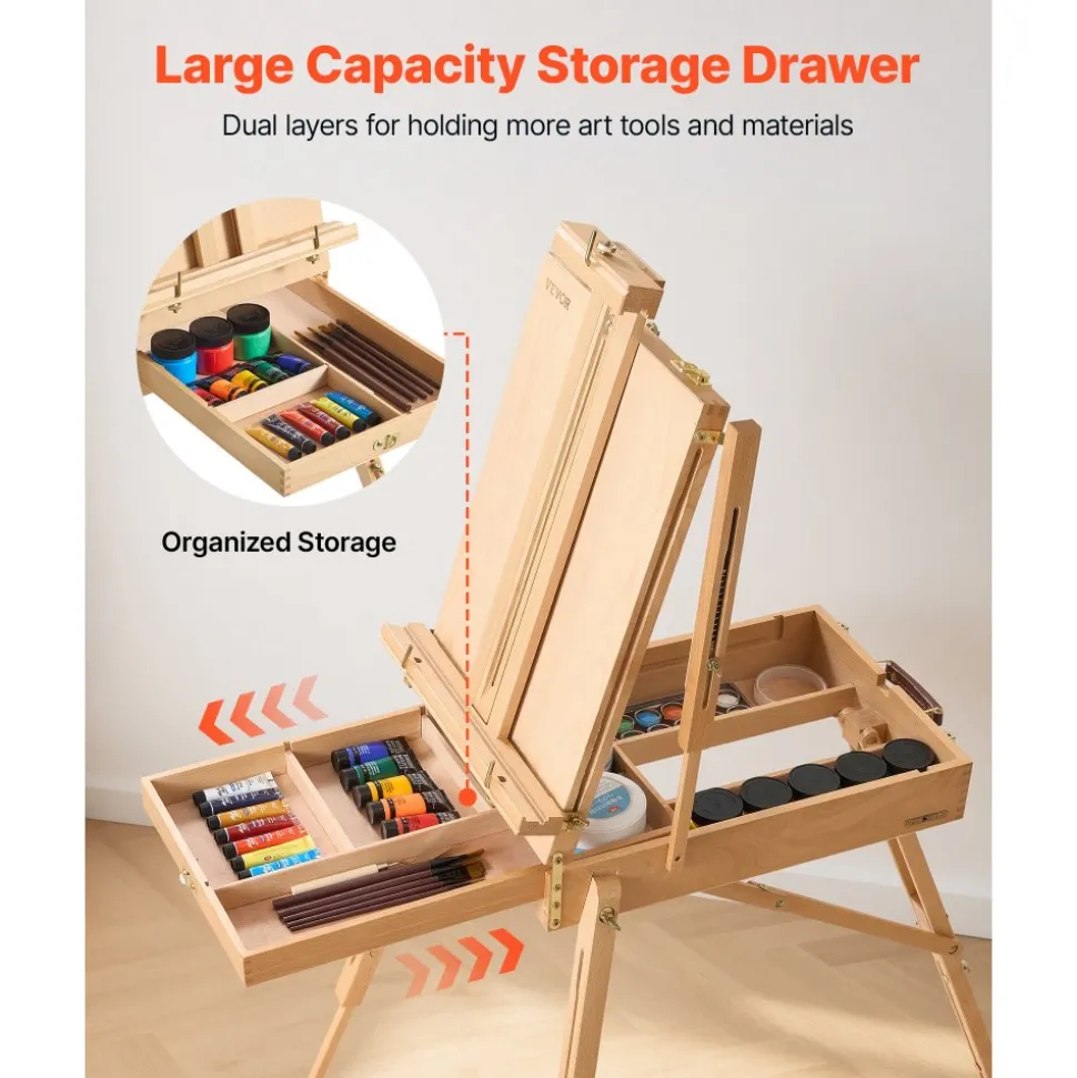 VEVOR French Easel with Legs Foldable and Portable Sketchbox Easel Stand, For Painting, Solid Beech Wood, Holds Canvas up to 33.86", Adjustable Height & Angle, with Drawer, Palette, Shoulder Strap