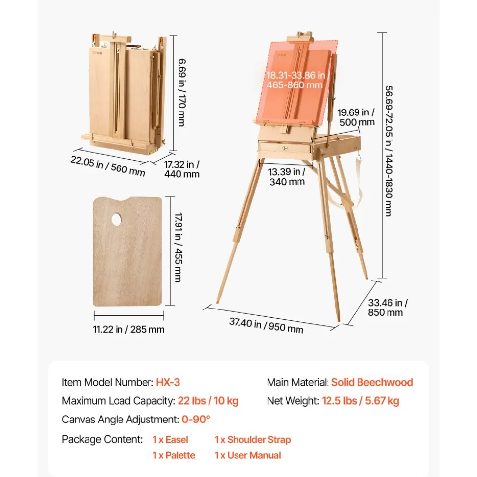 VEVOR French Easel with Legs Foldable and Portable Sketchbox Easel Stand, For Painting, Solid Beech Wood, Holds Canvas up to 33.86", Adjustable Height & Angle, with Drawer, Palette, Shoulder Strap