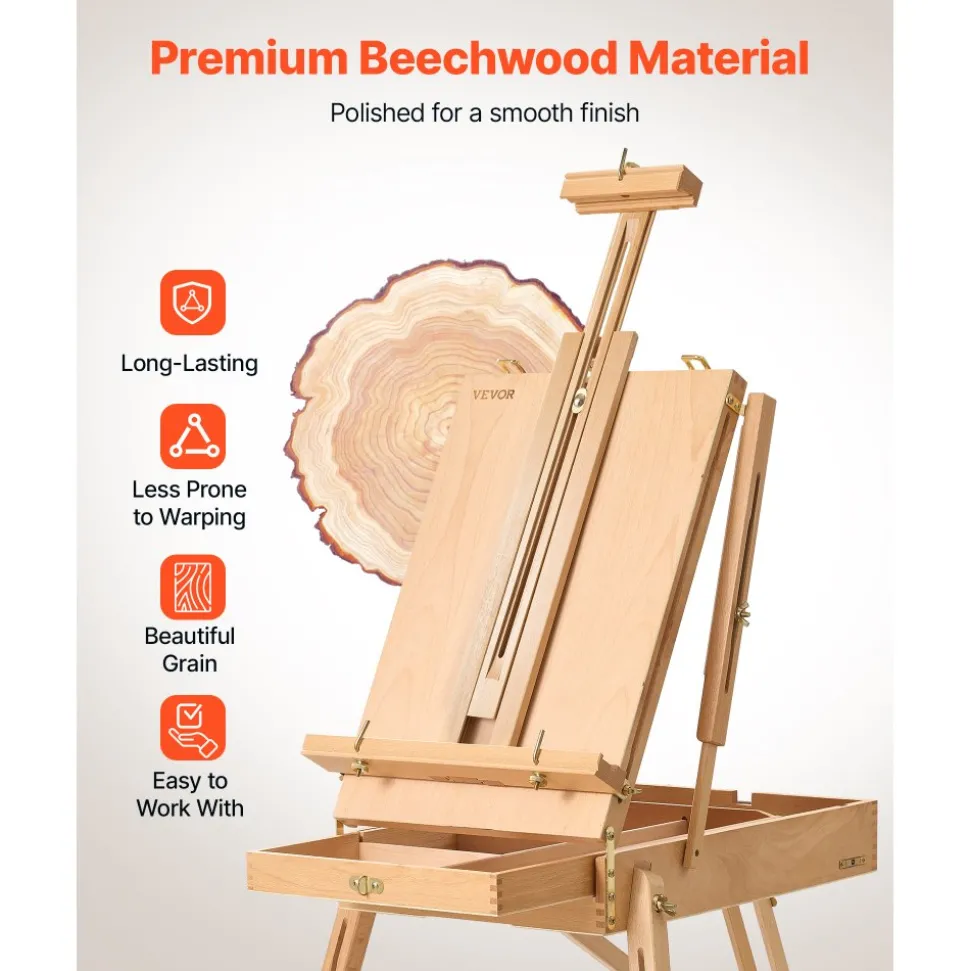 VEVOR French Easel with Legs Foldable and Portable Sketchbox Easel Stand, For Painting, Solid Beech Wood, Holds Canvas up to 33.86", Adjustable Height & Angle, with Drawer, Palette, Shoulder Strap