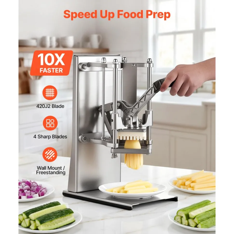VEVOR French Fry Cutter, Commercial Vegetable Chopper with 4 Blades - 1/4", 3/8", 6-Wedge Slicer & Apple Corer - Wall Mount Stainless Steel Potato Cutter, for Home & Restaurant Use