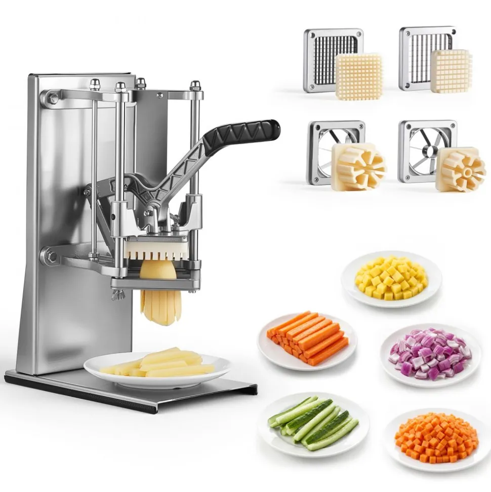 VEVOR French Fry Cutter, Commercial Vegetable Chopper with 4 Blades - 1/4", 3/8", 6-Wedge Slicer & Apple Corer - Wall Mount Stainless Steel Potato Cutter, for Home & Restaurant Use