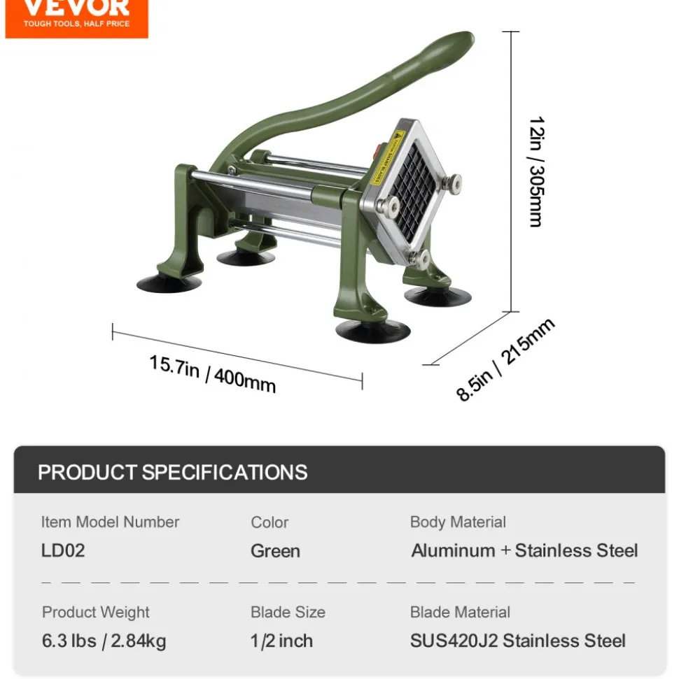 VEVOR French Fry Cutter, Potato Slicer with 1/2-Inch Stainless Steel Blade, Manual Potato Cutter Chopper with Suction Cups, Great for Potato, French Fries, Cucumber, Vegetables, Carrot
