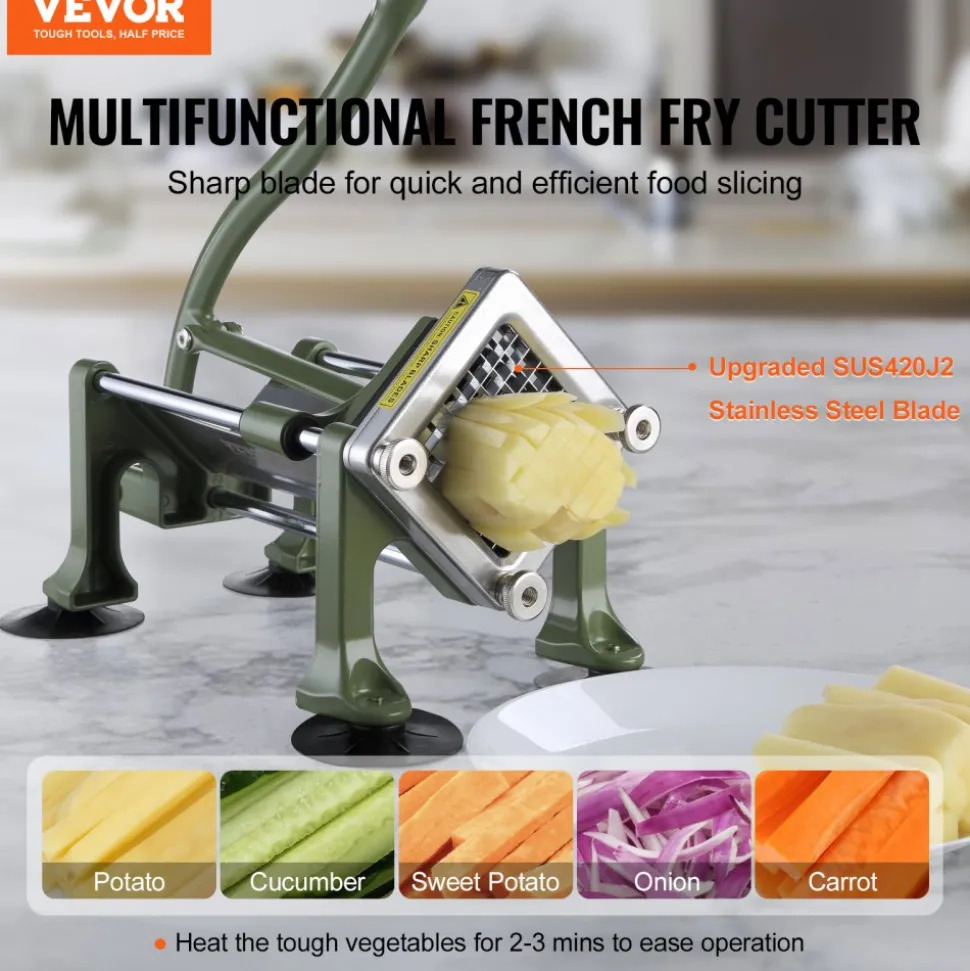 VEVOR French Fry Cutter, Potato Slicer with 1/2" 3/8" 1/4" Stainless Steel Blades, Manual Potato Cutter Chopper with Suction Cups, Great for Potato, French Fries, Cucumber, Vegetables, Carrot