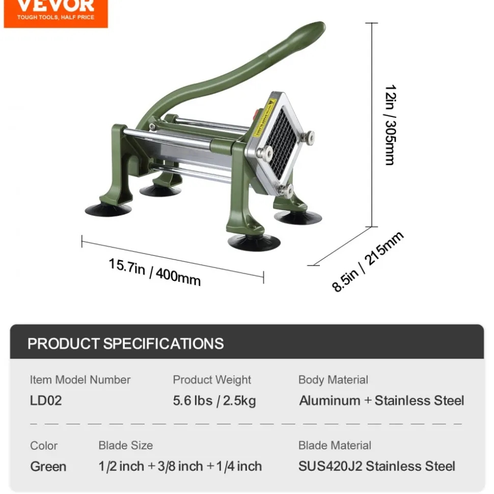 VEVOR French Fry Cutter, Potato Slicer with 1/2" 3/8" 1/4" Stainless Steel Blades, Manual Potato Cutter Chopper with Suction Cups, Great for Potato, French Fries, Cucumber, Vegetables, Carrot