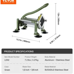VEVOR French Fry Cutter, Potato Slicer with 1/2-Inch and 3/8-Inch Stainless Steel Blades, Manual Potato Cutter Chopper with Suction Cups, Great for Potato, French Fries, Cucumber, Vegetables, Carrot