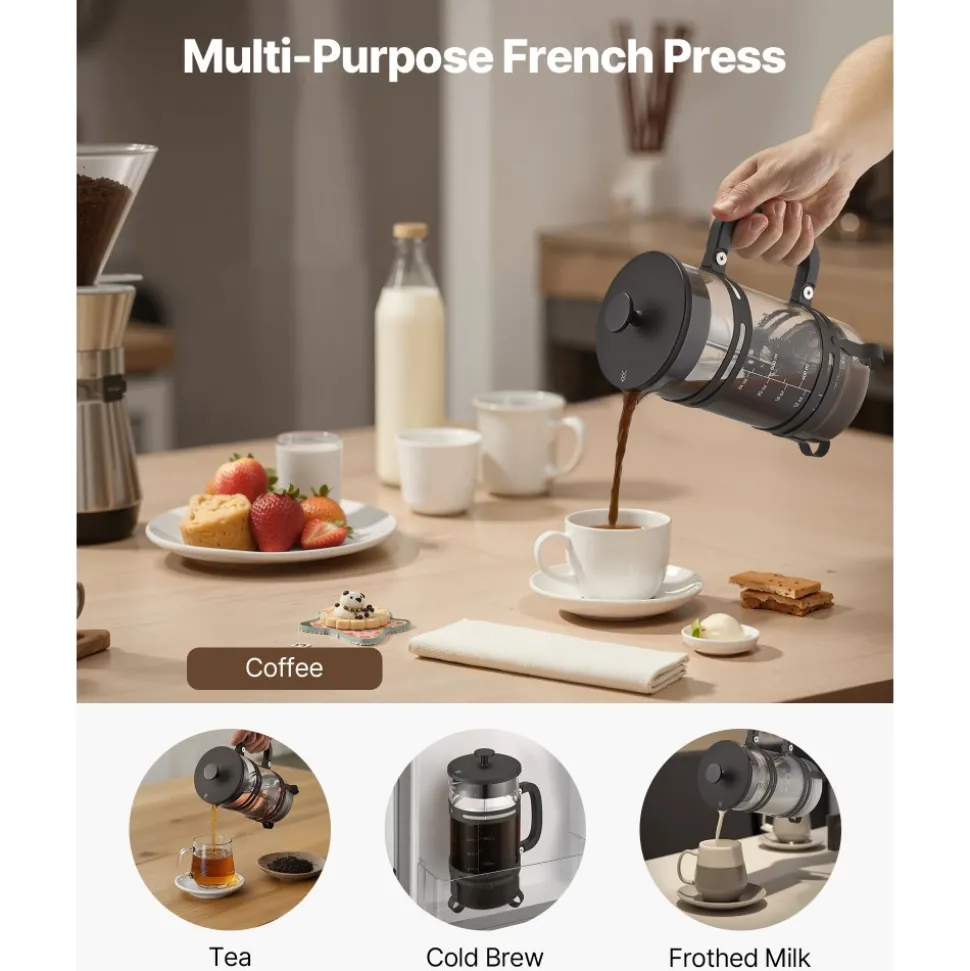 VEVOR French Press Coffee Maker, 34 Ounce 1 Liter Borosilicate Glass Coffee Press Tea Maker with Stainless Steel Filter, Large Glass French Presses Cold Brew for Camping Travel Home Kitchen, Silver