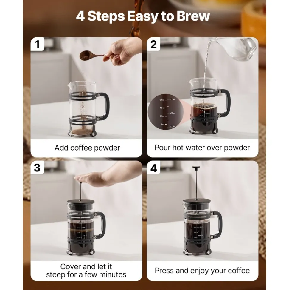 VEVOR French Press Coffee Maker, 34 Ounce 1 Liter Borosilicate Glass Coffee Press Tea Maker with Stainless Steel Filter, Large Glass French Presses Cold Brew for Camping Travel Home Kitchen, Silver