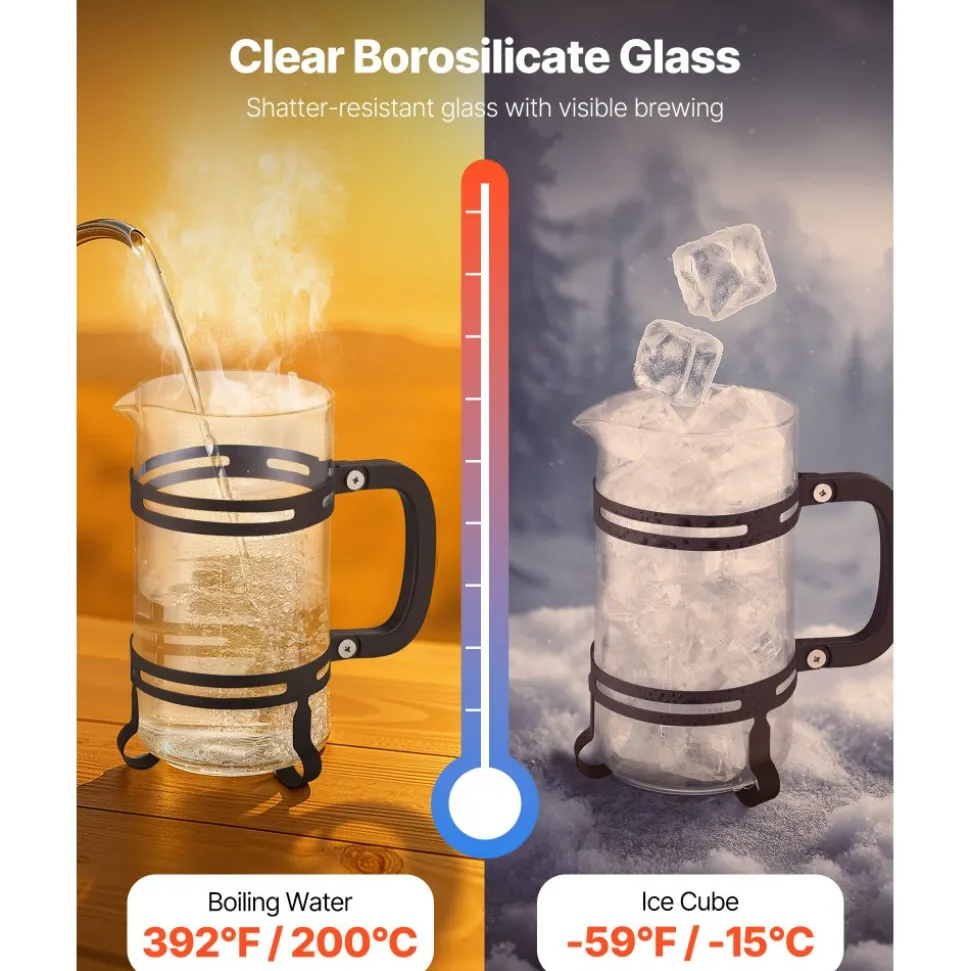 VEVOR French Press Coffee Maker, 34 Ounce 1 Liter Borosilicate Glass Coffee Press Tea Maker with Stainless Steel Filter, Large Glass French Presses Cold Brew for Camping Travel Home Kitchen, Silver