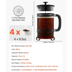 VEVOR French Press Coffee Maker, 34 Ounce 1 Liter Borosilicate Glass Coffee Press Tea Maker with Stainless Steel Filter, Large Glass French Presses Cold Brew for Camping Travel Home Kitchen, Silver