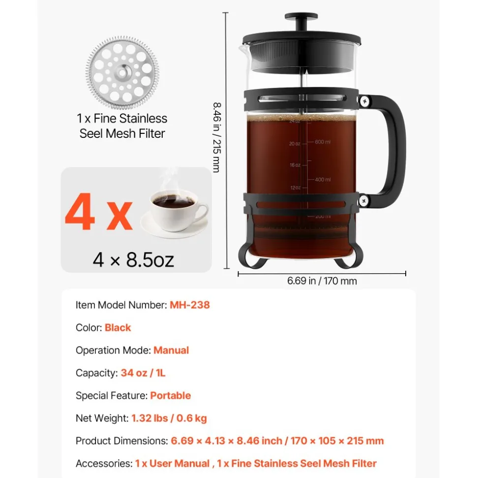 VEVOR French Press Coffee Maker, 34 Ounce 1 Liter Borosilicate Glass Coffee Press Tea Maker with Stainless Steel Filter, Large Glass French Presses Cold Brew for Camping Travel Home Kitchen, Silver