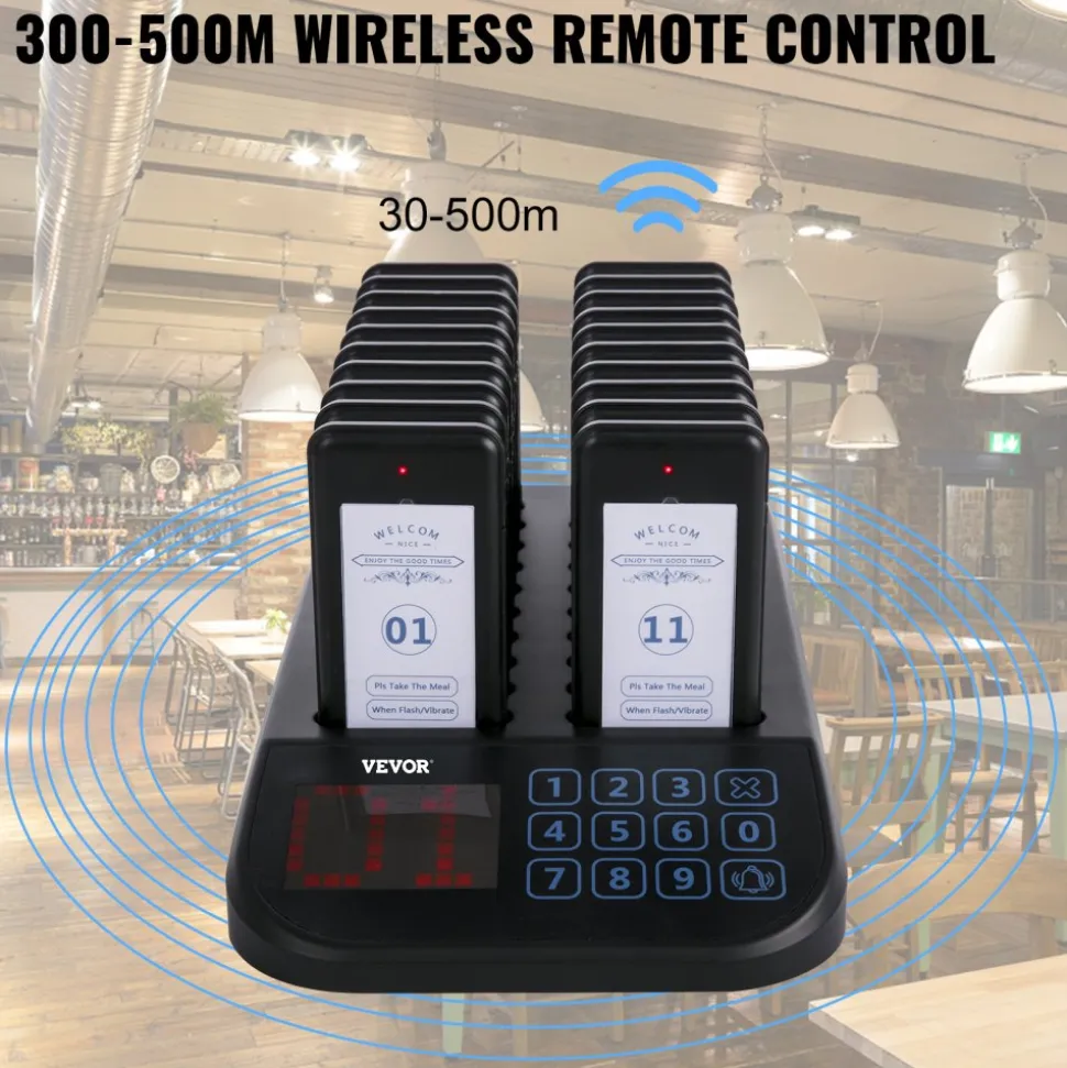 VEVOR F103 Restaurant Pager System 20 Pagers, Max 98 Beepers Wireless Calling System, Touch Keyboard with Vibration, Flashing and Buzzer for Church, Nurse,Hospital & Hotel