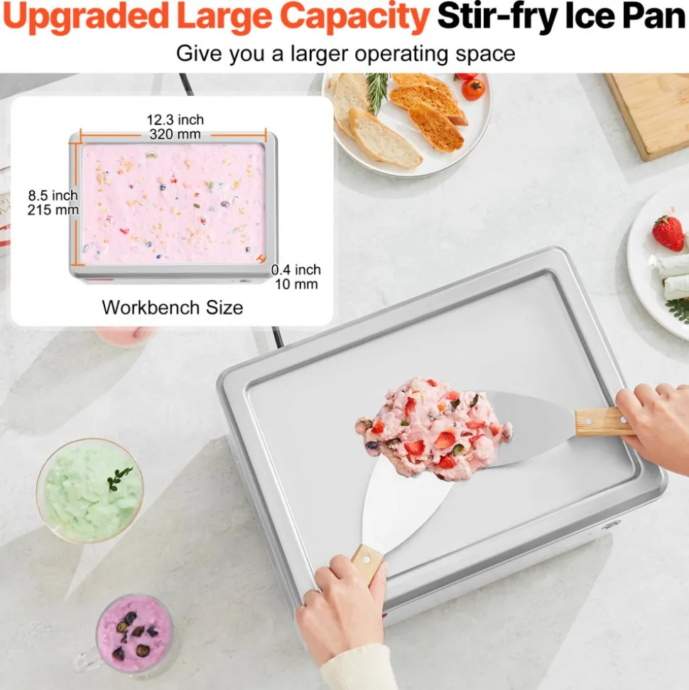 VEVOR Fried Ice Cream Roll Machine, 12.6" x 8.5" Stir-Fried Ice Cream Pan, Stainless Steel Rolled Ice Cream Maker with Compressor and 2 Scrapers, for Making Ice Cream, Frozen Yogurt, Ice Cream Rolls