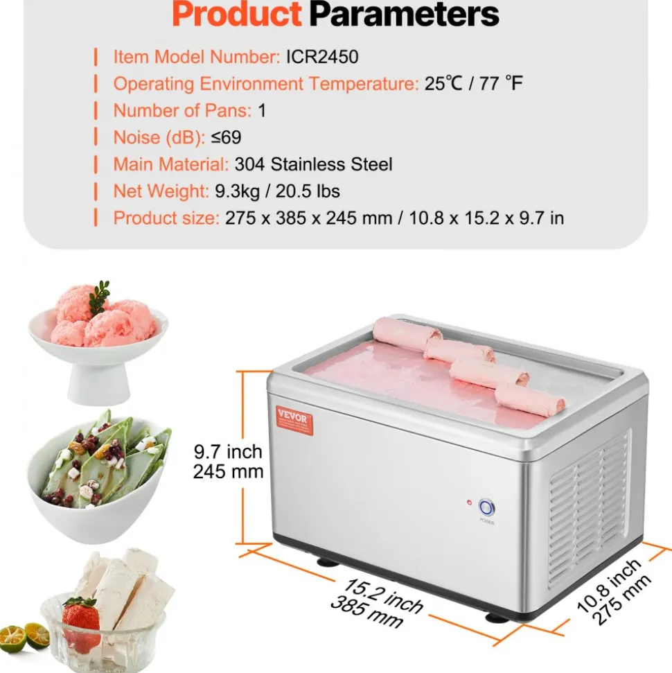 VEVOR Fried Ice Cream Roll Machine, 12.6" x 8.5" Stir-Fried Ice Cream Pan, Stainless Steel Rolled Ice Cream Maker with Compressor and 2 Scrapers, for Making Ice Cream, Frozen Yogurt, Ice Cream Rolls