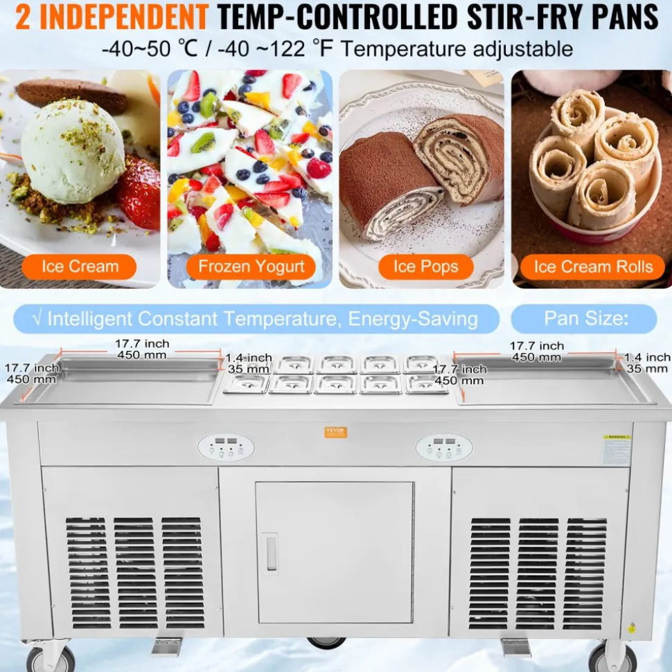 VEVOR Fried Ice Cream Roll Machine, 2Pcs 17.7" x 17.7" Square Stir-Fried Ice Cream Pans, Stainless Steel Commercial Rolled Ice Cream Maker with Compressor and 4 Scrapers, for Ice Cream, Frozen Yogurt