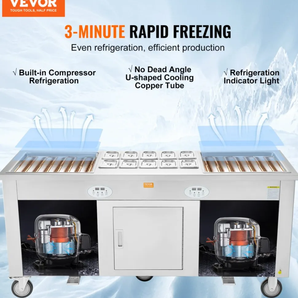 VEVOR Fried Ice Cream Roll Machine, 2Pcs 17.7" x 17.7" Square Stir-Fried Ice Cream Pans, Stainless Steel Commercial Rolled Ice Cream Maker with Compressor and 4 Scrapers, for Ice Cream, Frozen Yogurt