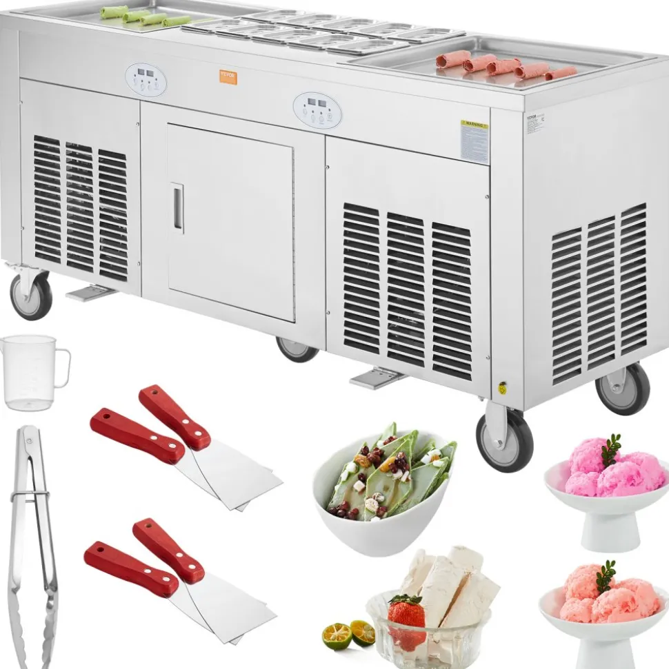 VEVOR Fried Ice Cream Roll Machine, 2Pcs 17.7" x 17.7" Square Stir-Fried Ice Cream Pans, Stainless Steel Commercial Rolled Ice Cream Maker with Compressor and 4 Scrapers, for Ice Cream, Frozen Yogurt