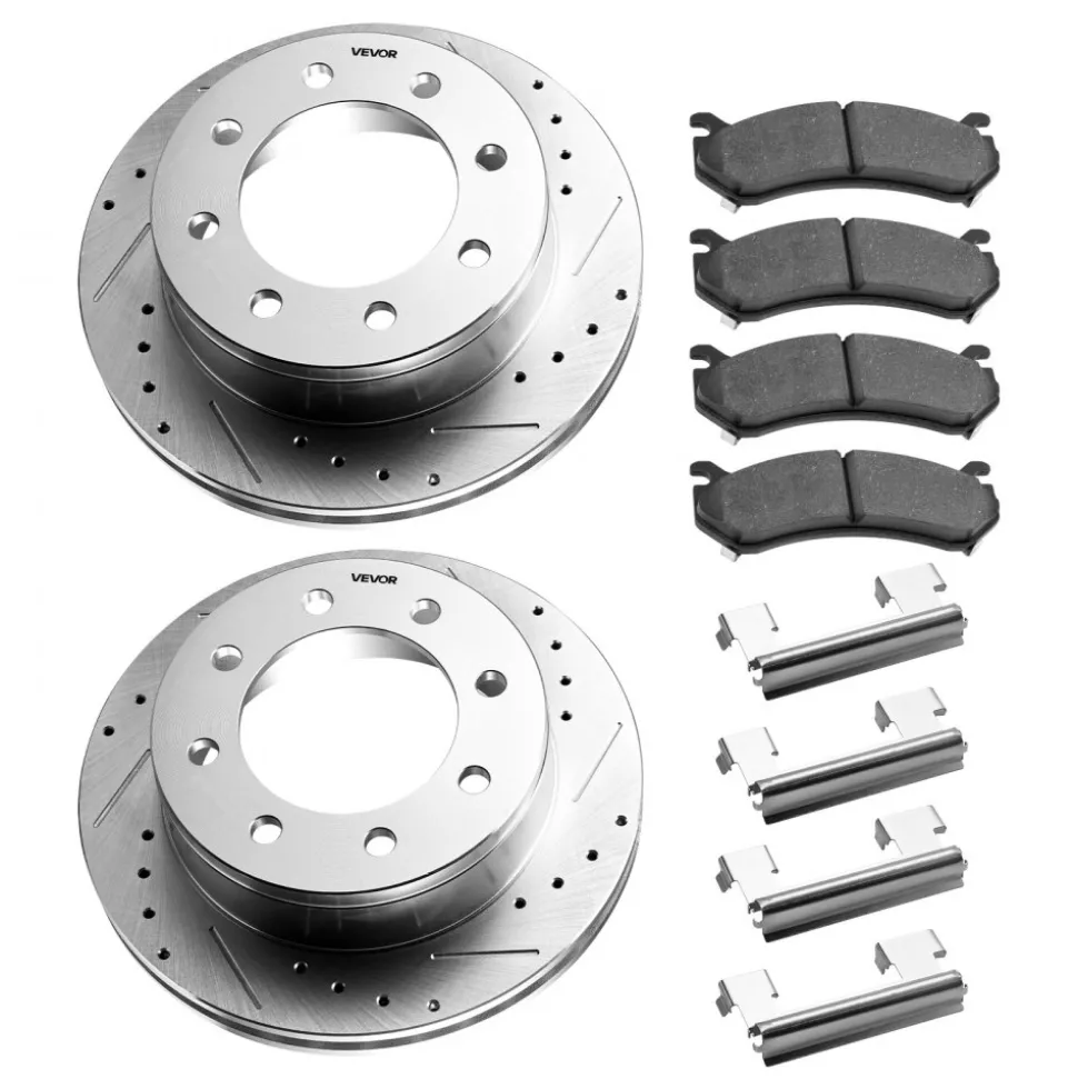 VEVOR Front and Rear Brake Kit Compatible with 2002-2006 Chevrolet Avalanche 2500 (8 STUD), 2002-2004 Chevrolet Silverado 2500 (Models w/Manual Transmission ONLY), Drilled & Slotted Brake Rotors