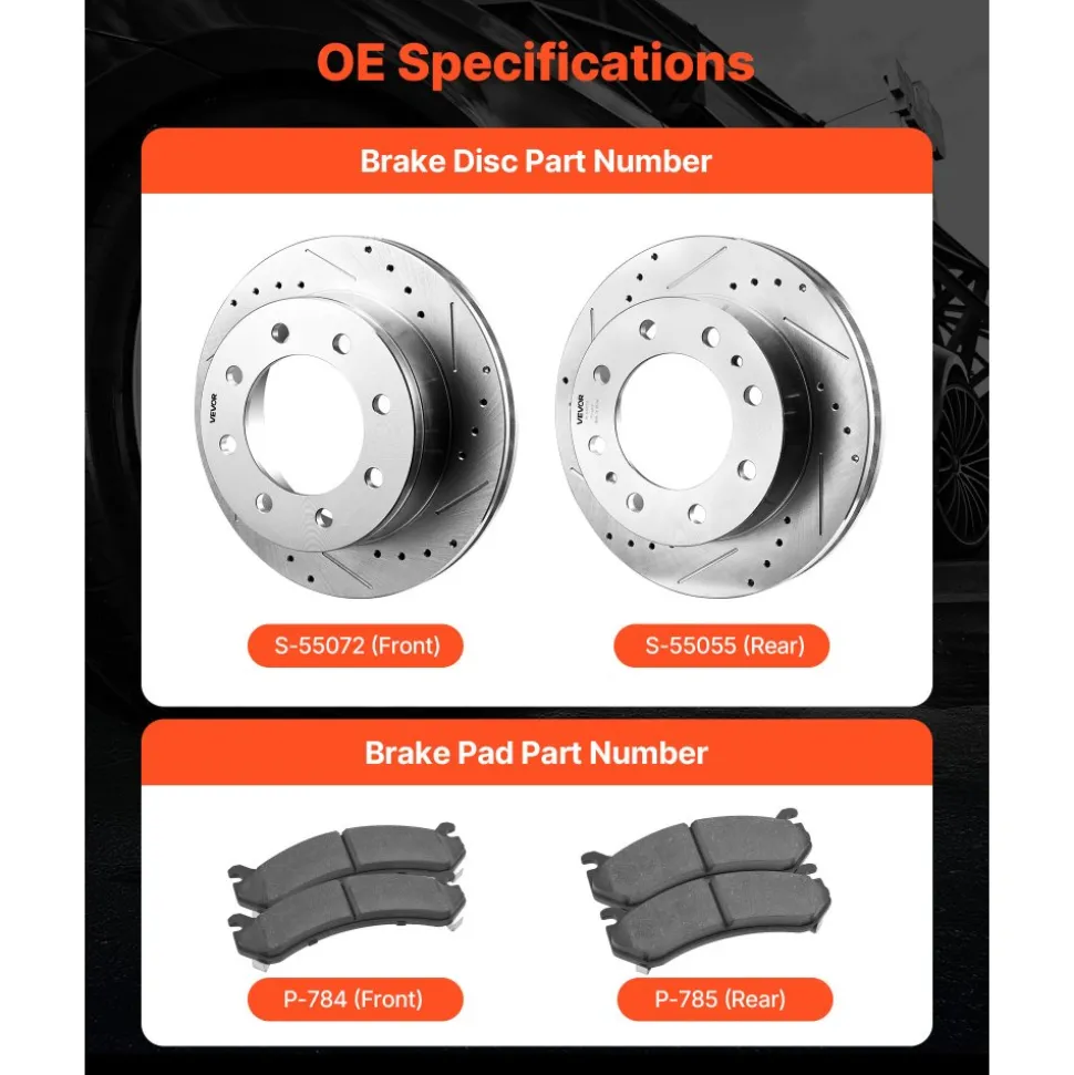 VEVOR Front and Rear Brake Kit Compatible with 2002-2006 Chevrolet Avalanche 2500 (8 STUD), 2002-2004 Chevrolet Silverado 2500 (Models w/Manual Transmission ONLY), Drilled & Slotted Brake Rotors