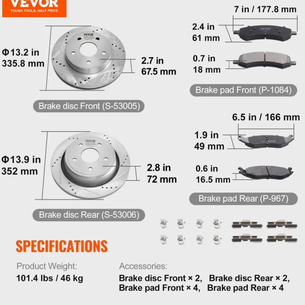 VEVOR Front and Rear Brake Kit for 06-2018 Dodge Ram 1500, 07-2009 Dodge Durango Chrysler Aspen, Drilled and Slotted Brake Rotors Ceramic Brake Pads Replacement, 13.2" Front Rotors 13.9" Rear Rotors