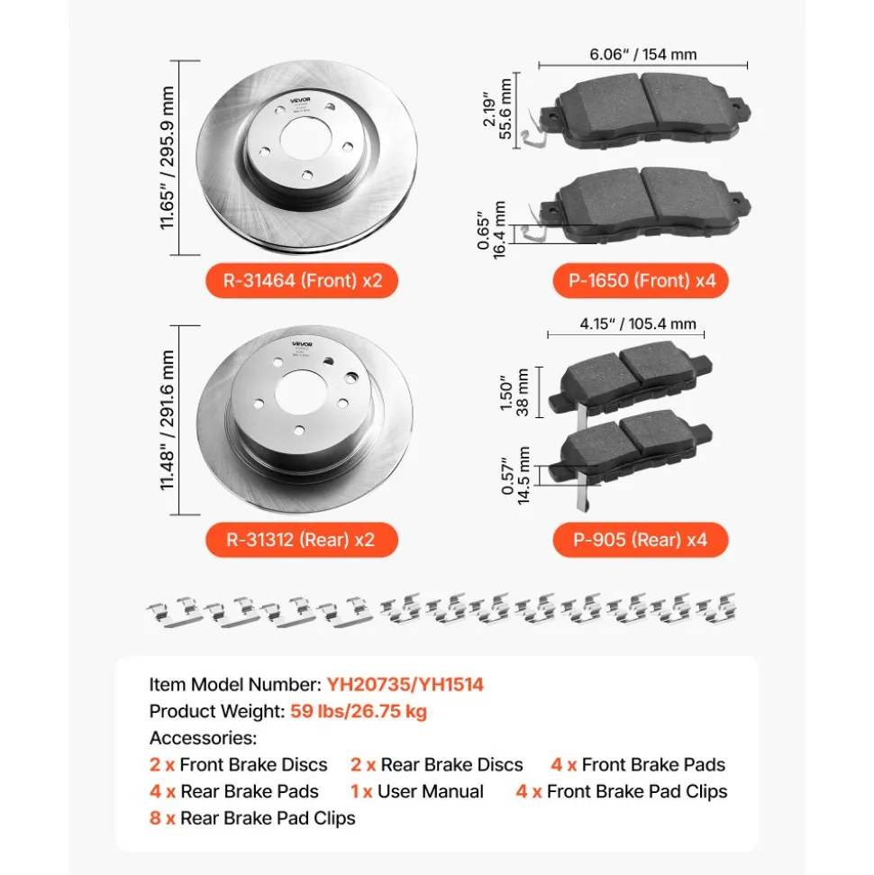 VEVOR Front and Rear Brake Kit Compatible with 2013 Nissan Altima (Base, SL, SV & S Sedan), 2014-2018 Nissan Altima, 2019-2023 Nissan Altima (with Manual Parking Brake), Hollow Structure Front Rotors