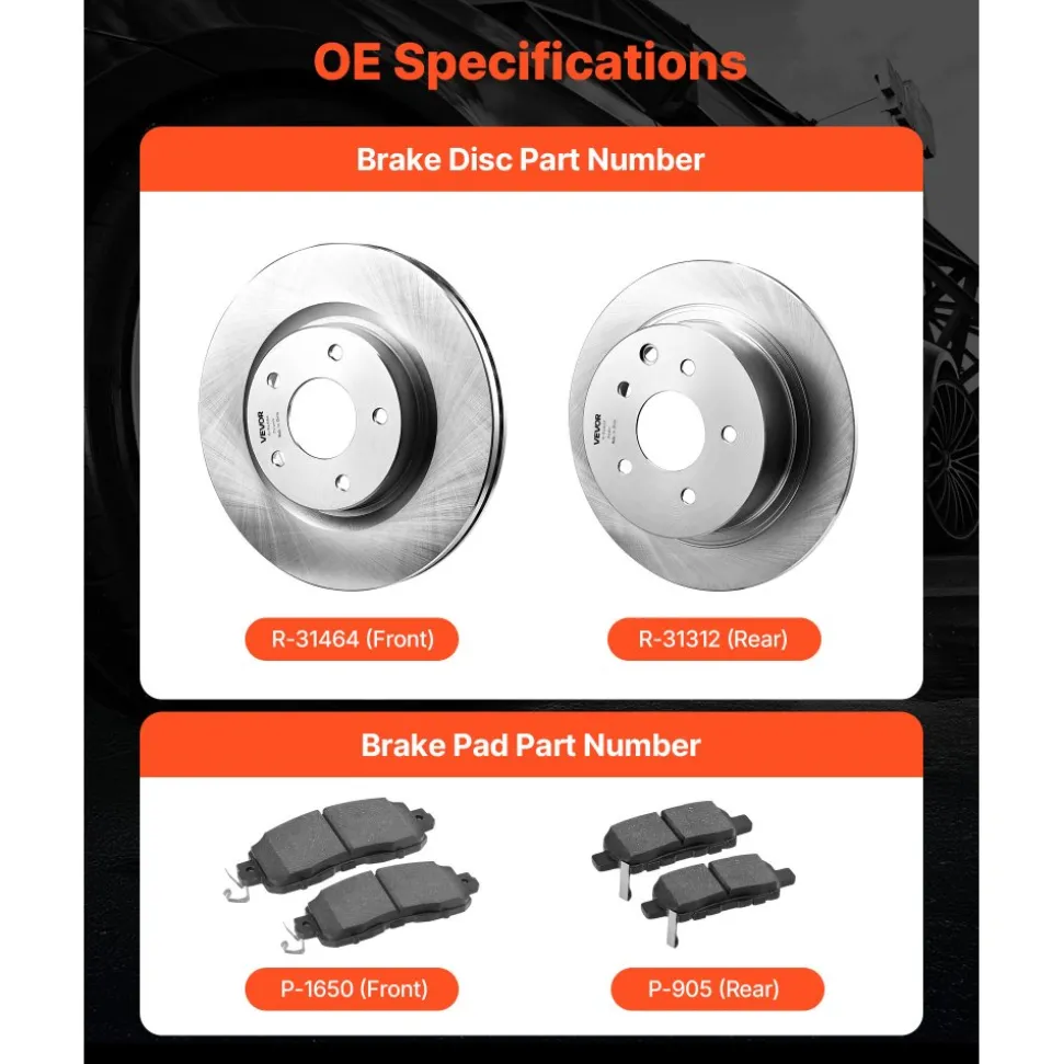 VEVOR Front and Rear Brake Kit Compatible with 2013 Nissan Altima (Base, SL, SV & S Sedan), 2014-2018 Nissan Altima, 2019-2023 Nissan Altima (with Manual Parking Brake), Hollow Structure Front Rotors