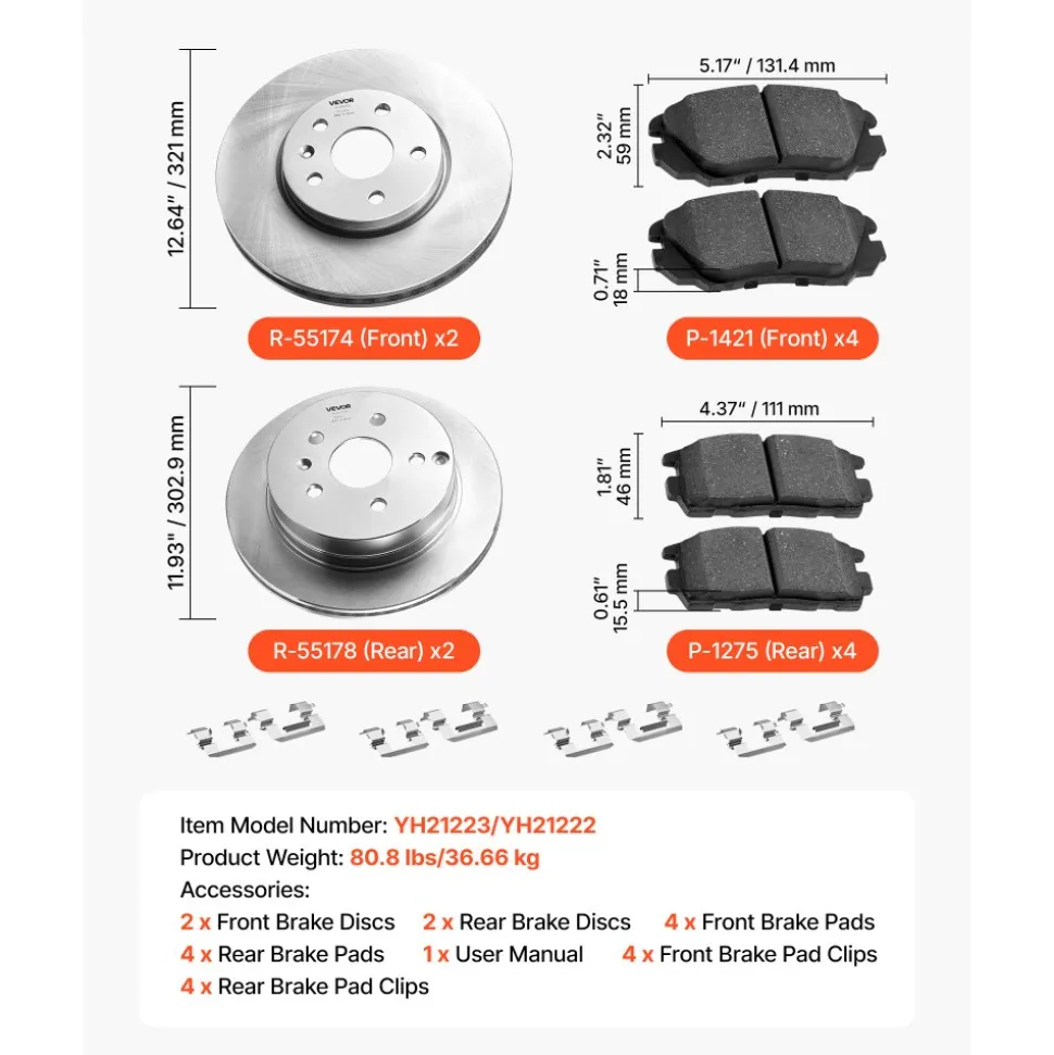 VEVOR Front and Rear Brake Kit Compatible with 2010-2017 Chevrolet Equinox, 2010-2017 GMC Terrain, Hollow Brake Rotors Ceramic Brake Pads Replacement Kit, 12.7 in Front Rotors, 12 in Rear Rotors