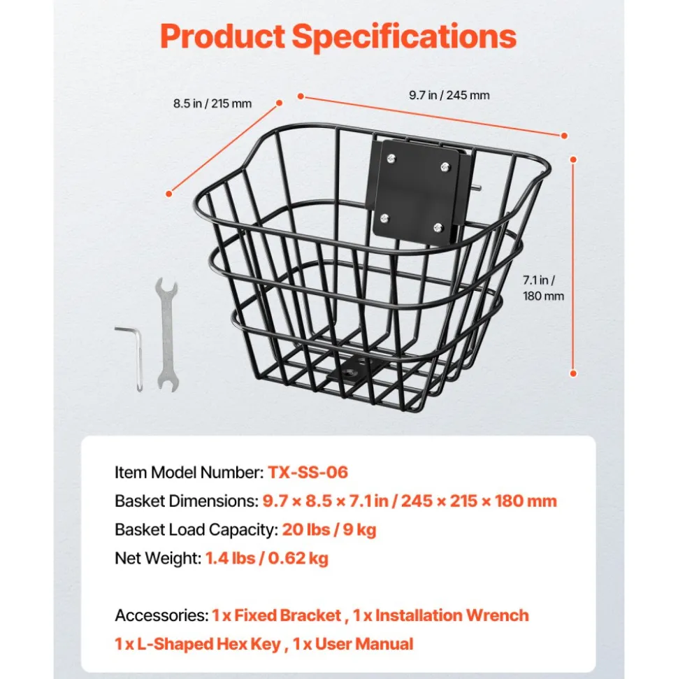 VEVOR Front Bike Basket, Electric Scooter Basket with Fixed Bracket - Max Bearing 20 lbs, Construct from Solid Steel, Kids Bike Basket/Adult Bicycle Basket/Knee Electric Scooter Accessories
