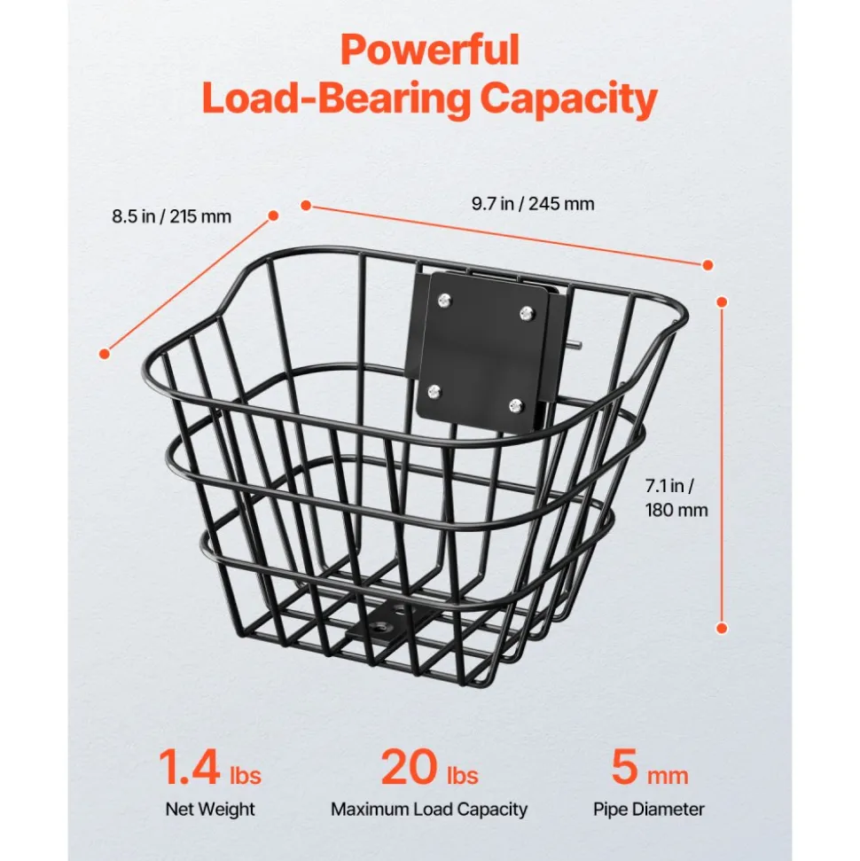 VEVOR Front Bike Basket, Electric Scooter Basket with Fixed Bracket - Max Bearing 20 lbs, Construct from Solid Steel, Kids Bike Basket/Adult Bicycle Basket/Knee Electric Scooter Accessories