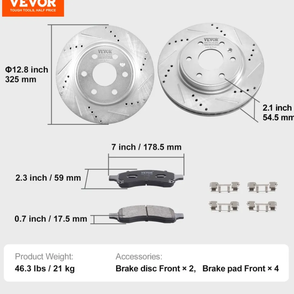 VEVOR Front Brake Kit Compatible with 2007-2017 Chevy Traverse, Buick Enclave, GMC Acadia, Saturn Outlook, Drilled and Slotted Brake Rotors Ceramic Brake Pads Replacement Kit, 12.8" Front Rotors