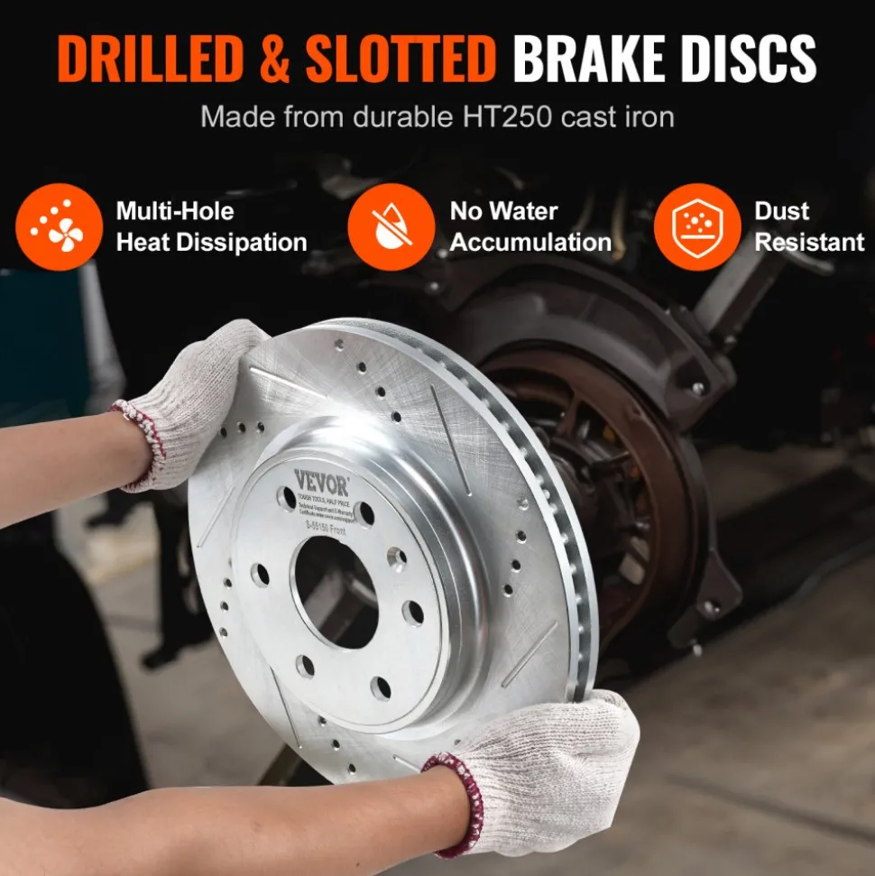 VEVOR Front Brake Kit Compatible with 2007-2017 Chevy Traverse, Buick Enclave, GMC Acadia, Saturn Outlook, Drilled and Slotted Brake Rotors Ceramic Brake Pads Replacement Kit, 12.8" Front Rotors