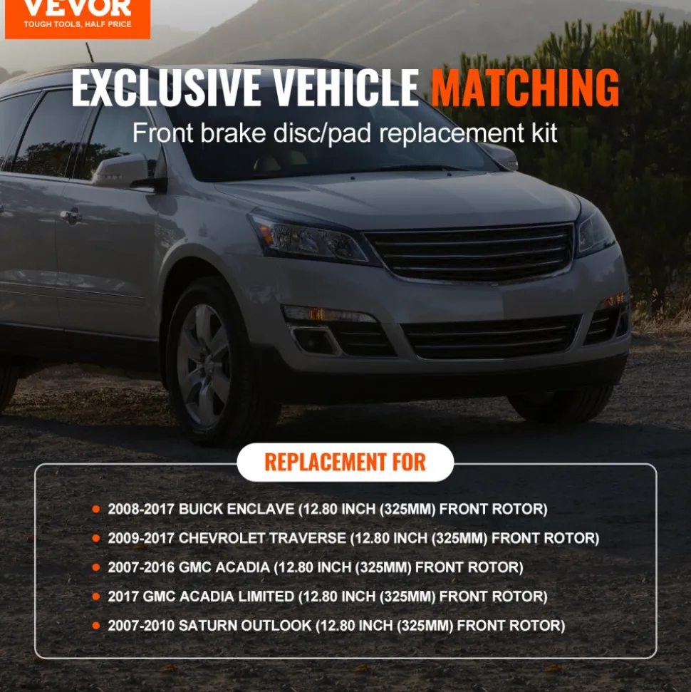 VEVOR Front Brake Kit Compatible with 2007-2017 Chevy Traverse, Buick Enclave, GMC Acadia, Saturn Outlook, Drilled and Slotted Brake Rotors Ceramic Brake Pads Replacement Kit, 12.8" Front Rotors